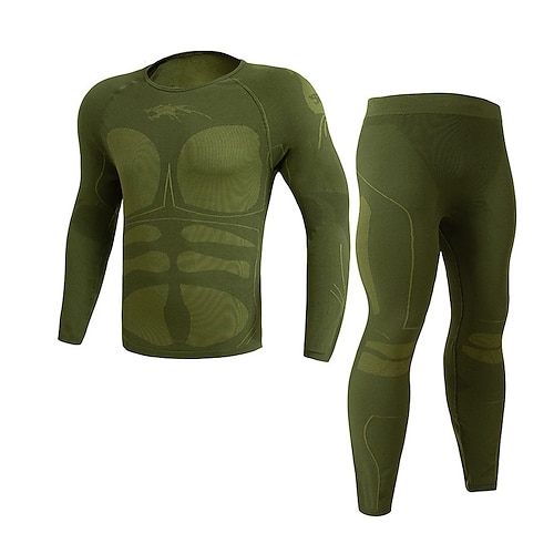 Herren Trainingsanzug 2 teilig Farbblock Basisschicht Kompressionshemd und Hose Sportbekleidungsset Herbst Schwarz Armeegrün Fitnesstraining Joggen Laufen Thermowarm Weich Langarm Sport Sportkleidung Image