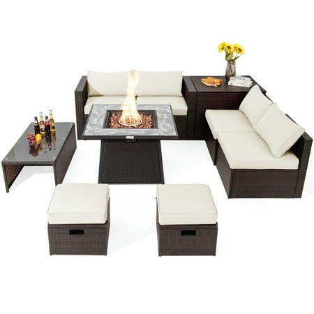GVN Outdoor Furniture Sets Outdoor Conversation Set 9 Pieces Patio PE Wicker Sectional Set with 50000 BTU Fire Pit Table-Off White