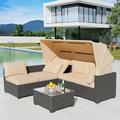 Outdoor Daybed with Canopy 6 Pieces Patio Furniture Sets Adjustable Backrest PE Gradient Wicker Sectional Furniture Set with Tempered Glass Side Table