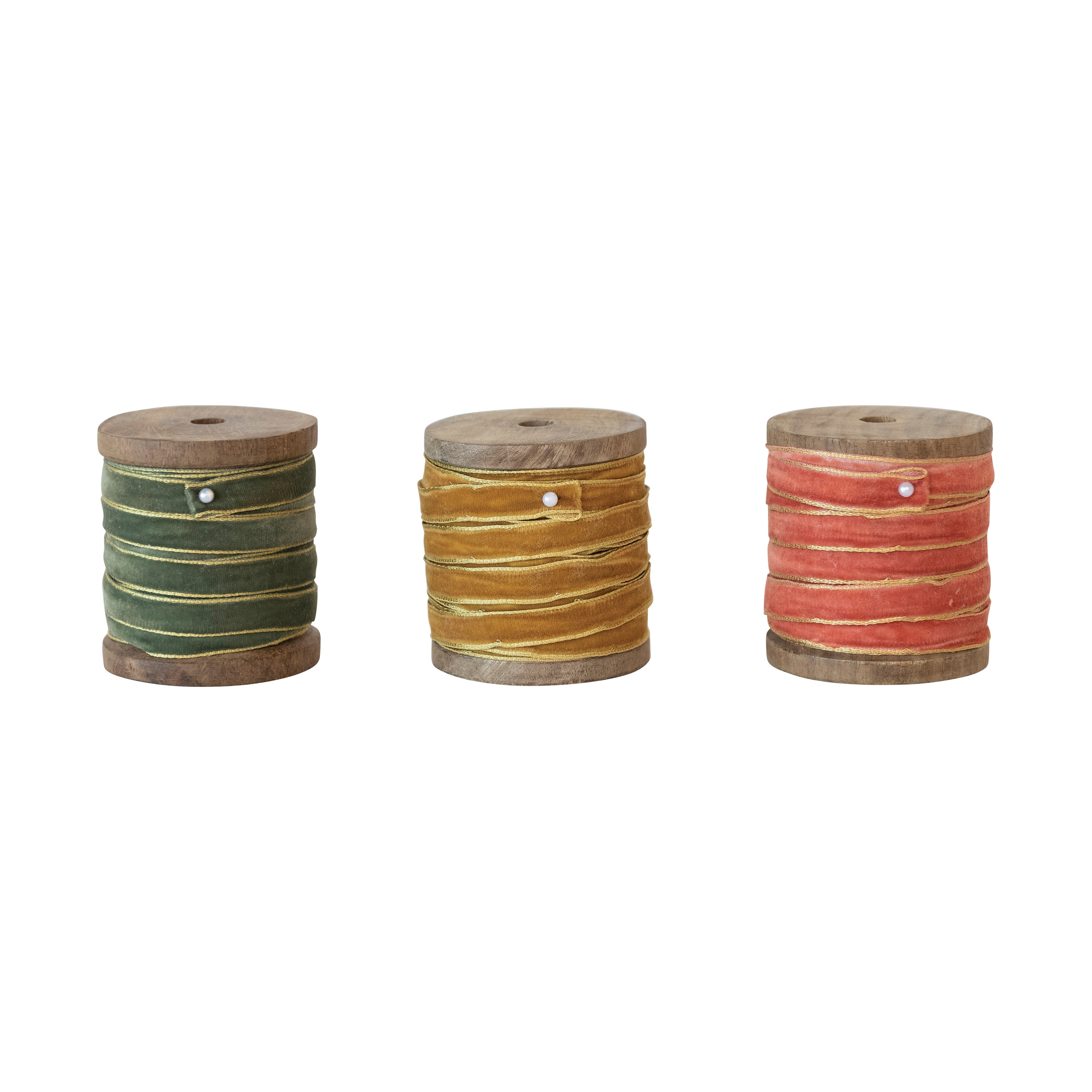 Velvet Ribbon with Metallic Edges on Wood Spool, Set of 3 - Multi