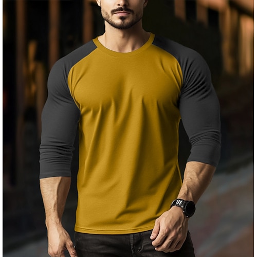 Homme T-shirt manche longue Col ras du cou Printemps Automne Printemps Automne Couleur Unie Tricots ancien Mode Col rond Bloc de Couleur Extérieur Décontracté Occasionnel Jaune Rouge Kaki T-shirt