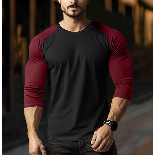 Homme T-shirt manche longue Col ras du cou Printemps Automne Printemps Automne Couleur Unie Tricots ancien Mode Col rond Bloc de Couleur Extérieur Décontracté Occasionnel Jaune Rouge Kaki T-shirt