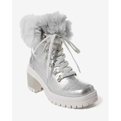 Lauren Lorraine - Silver Metallic - Croco Fur Lace Up Bootie - 6.0