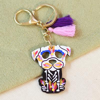 Petite Day of the Dead Dog,'Wood Day of the Dead Skeleton Dog Keychain and Bag Charm'