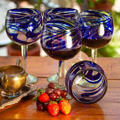 Blue Ribbon,'Handblown Eco-Friendly Wine Glasses in Blue (Set of 5)'