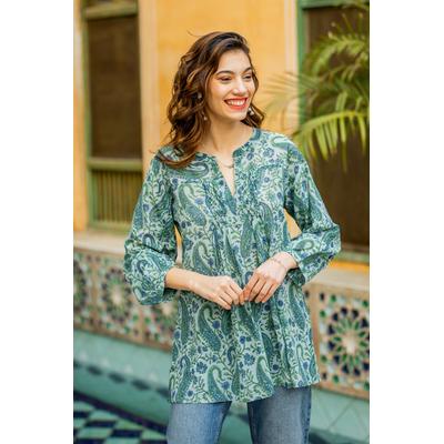 'Glass Beaded Paisley Smocked Tunic with Three-Quarter Sleeve'