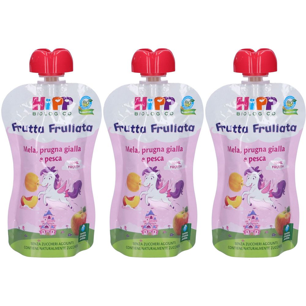 HiPP Biologico Frutta Frullata Mela, Prugna Gialle e Pesca Set da 3 3x