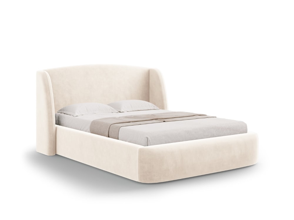 Letto a cassettone con testiera 160x200cm in velluto beige chiaro