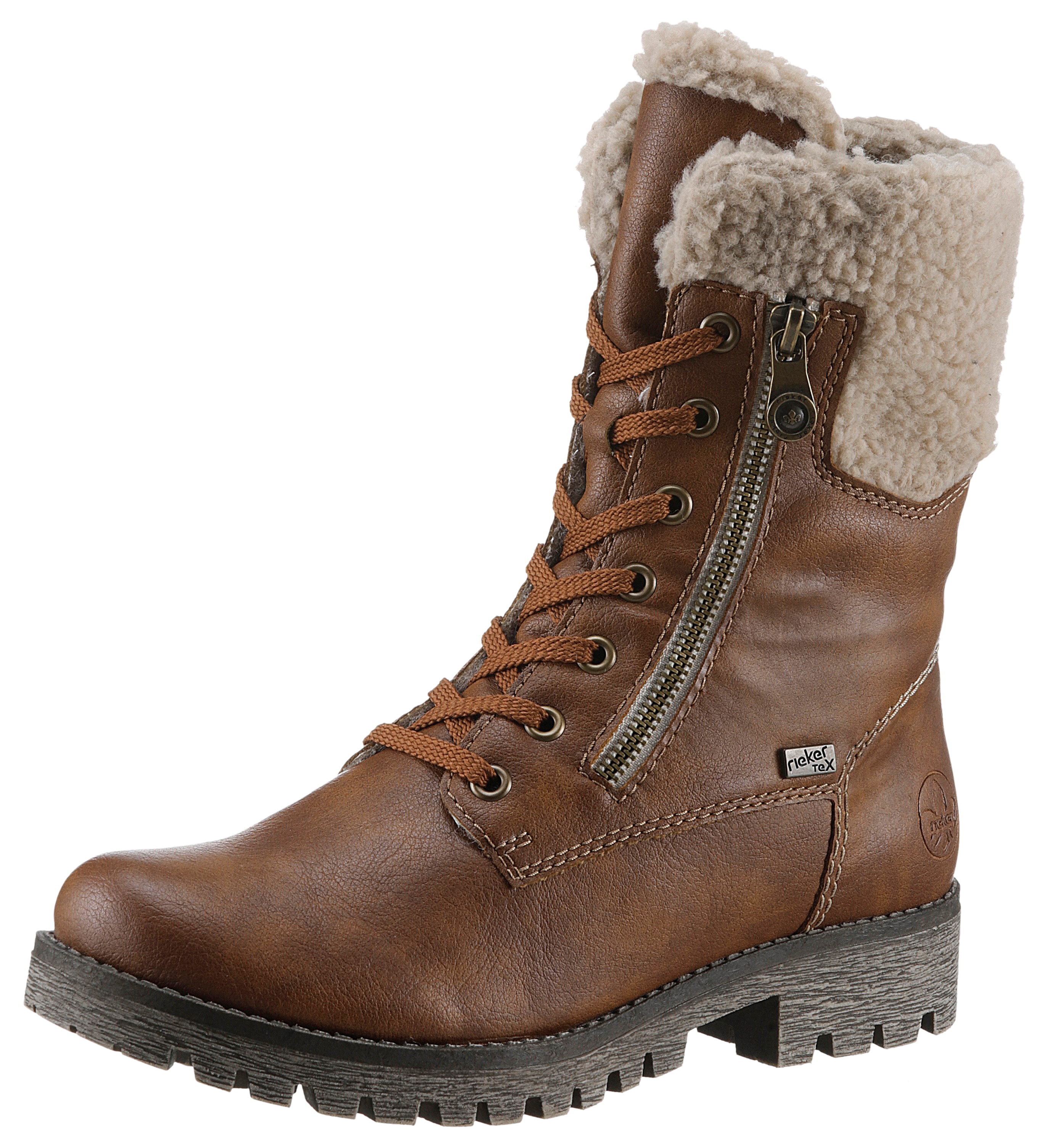 Winterstiefelette RIEKER, Damen, Gr. 36, braun (braun, beige), Lederimitat, Textil, Schuhe Winterstiefelette, Schnürboots, Blockabsatz - 150 Jahre Rieker Jubiläumsartikel, Topseller