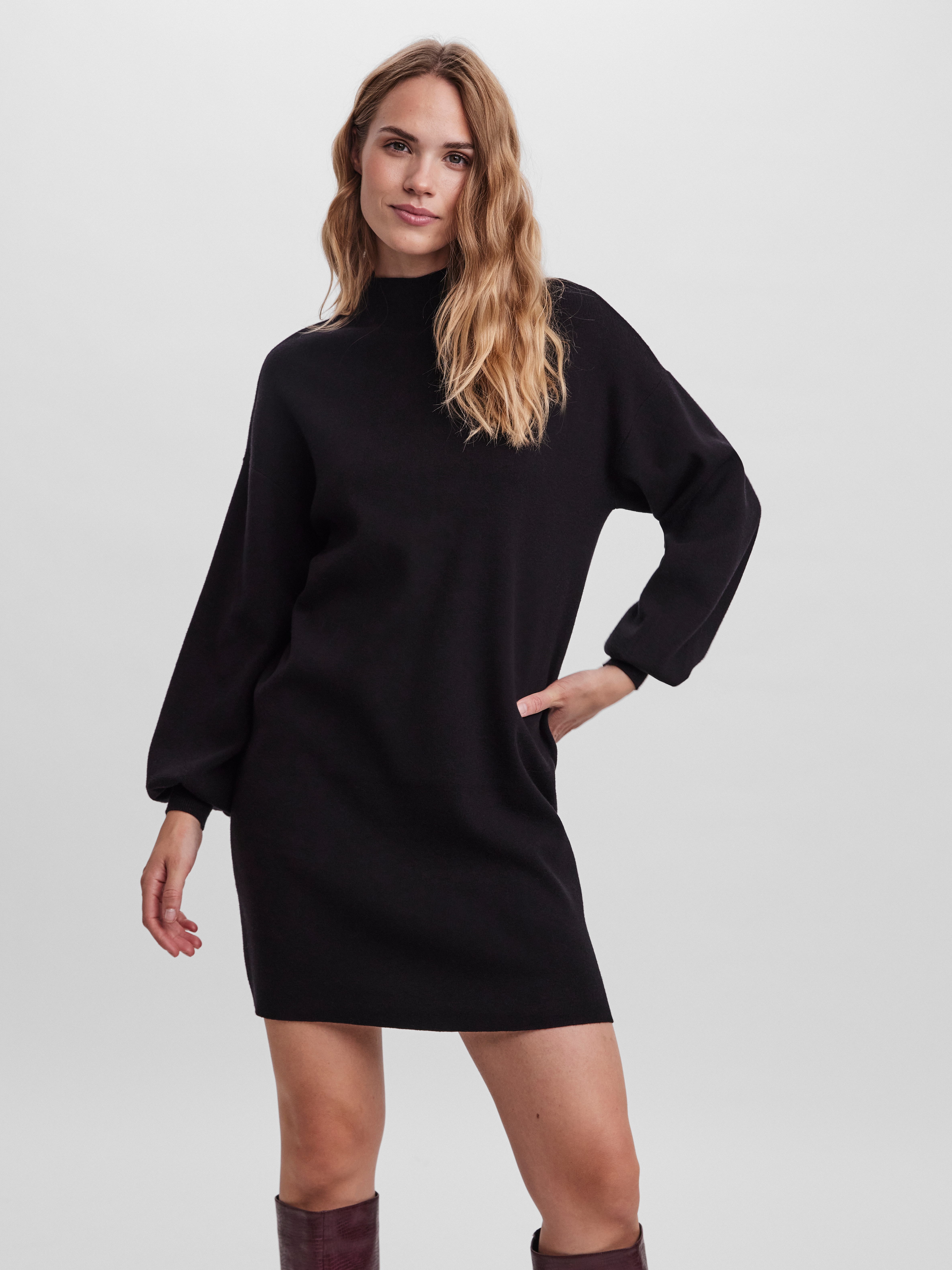 Strickkleid VERO MODA "VMNANCY LS FUNNELNECK DRESS GA NOOS", Damen, Gr. XL, N-Gr, schwarz, Feinstrick, Obermaterial: 52% Viskose, 28% Polyester, 20% Nylon, unifarben, loose fit, Rippbündchen, Kleider Strickkleid