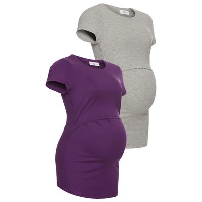 Umstandsshirt NEUN MONATE "2er Pack T-Shirts für Schwangerschaft und Stillzeit", Damen, Gr. 44/46, lila (lila, graumeliert), Jersey, Obermaterial: 95% Baumwolle, 5% Elasthan. Obermaterial Melange: 85% Baumwolle, 10% Viskose, 5% Elasthan, unifarben,...
