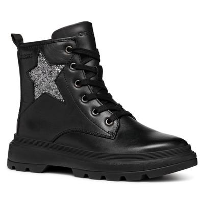 Schnürboots GEOX "J KIDDARTAH GIRL A", Kinder, Gr. 39, silber (schwarz, silberfarben), Leder, casual, Schuhe, Plateaustiefel, Winterstiefel, Chunky Boots mit Glitzer Image