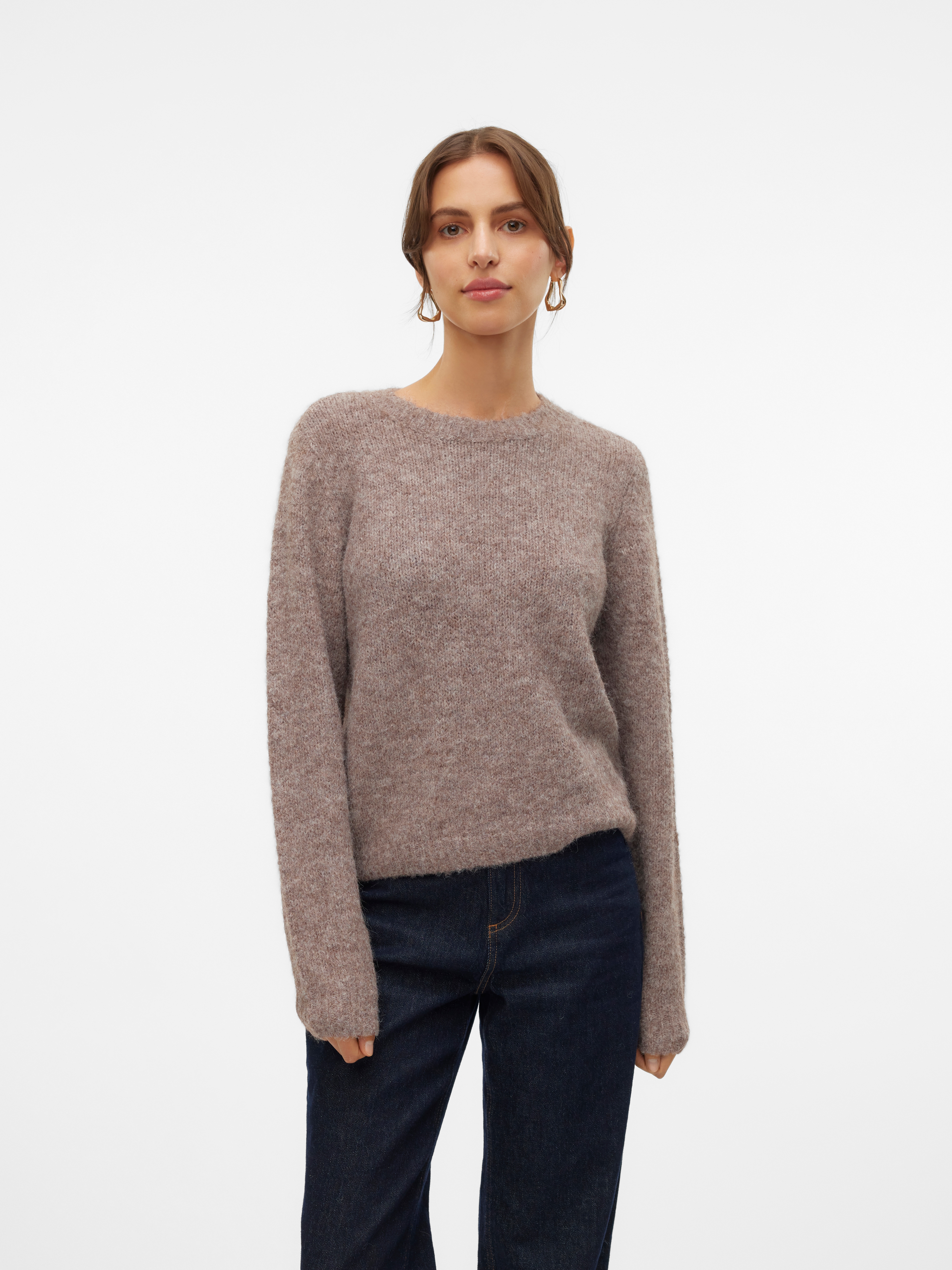 Strickpullover VERO MODA "VMNOVAH LS O-NECK PULLOVER GA NOOS", Damen, Gr. M, braun (braun lentil detail:melange), Strick, Obermaterial: 70% Polyester, 21% Nylon, 8% Wolle, 1% Elasthan, meliert, regular fit taillenbedeckt, Rundhals, Pullover...