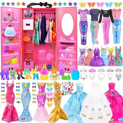 TEMU 146pc Doll Closet Doll Clothes And Accessories For 11.5 Inch Doll Kit Girl Doll Dress Up Including Wedding Dress Outfits Shoes Hangers Bags Necklaces Stickers (no Doll)
