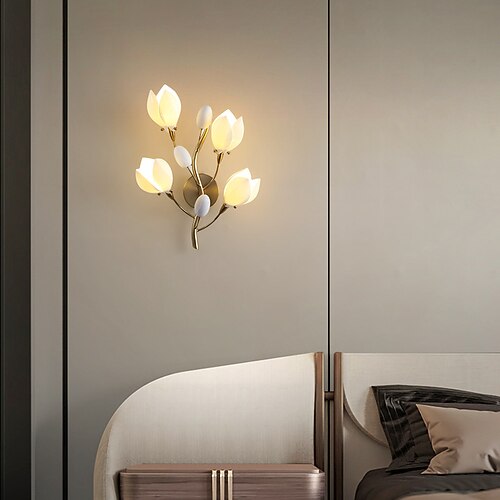 LED-Innenwandleuchte, warmweiß, 35 cm, 4-flammig, Blumenform, nordischer Stil, Keramik-Metall, G4-Wandleuchte für Schlafzimmer, Cafés, 110–240V Image