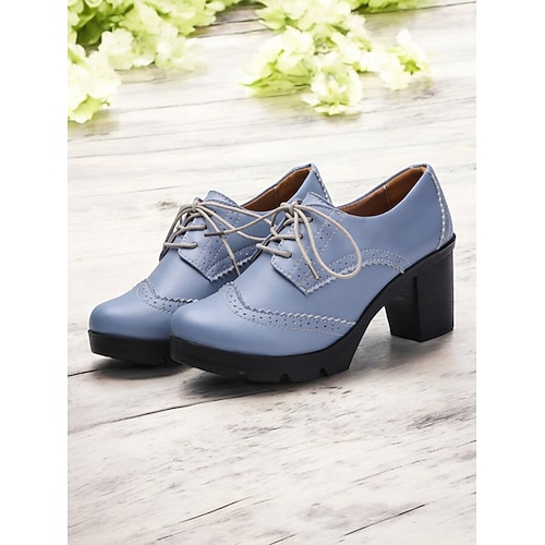 Hellblaue Oxford-Schuhe mit Schnürung und dickem Absatz für Damen im Brogue-Stil – Plateauschuhe im Vintage-Stil für die Freizeit und das Büro Image