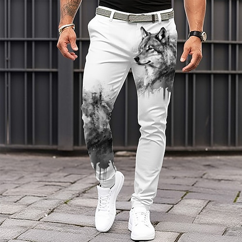 Herren Wolf Anzughose Mittlere Taille Lässig Formell Alltagskleidung Reißverschluss Tasche Sommer Frühling Herbst 3D-Druck Schwarz Weiß Gelb Image