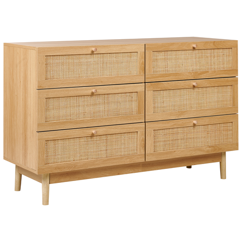 Sideboard 6 Schubladen Kommode Spanplatte Rattan Vorderseite helles Holz Boho Stil