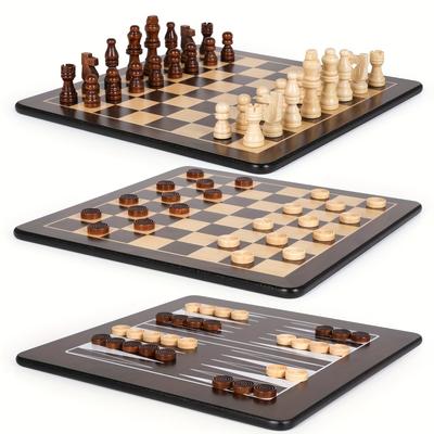 TEMU 3-in-1 Wooden Chess, Checkers, And Backgammon Set - 12 Inch Portable Board Game And Adults, Classic Strategy Game With Durable Chess Pieces Perfect For Travel Family Game Educational Games