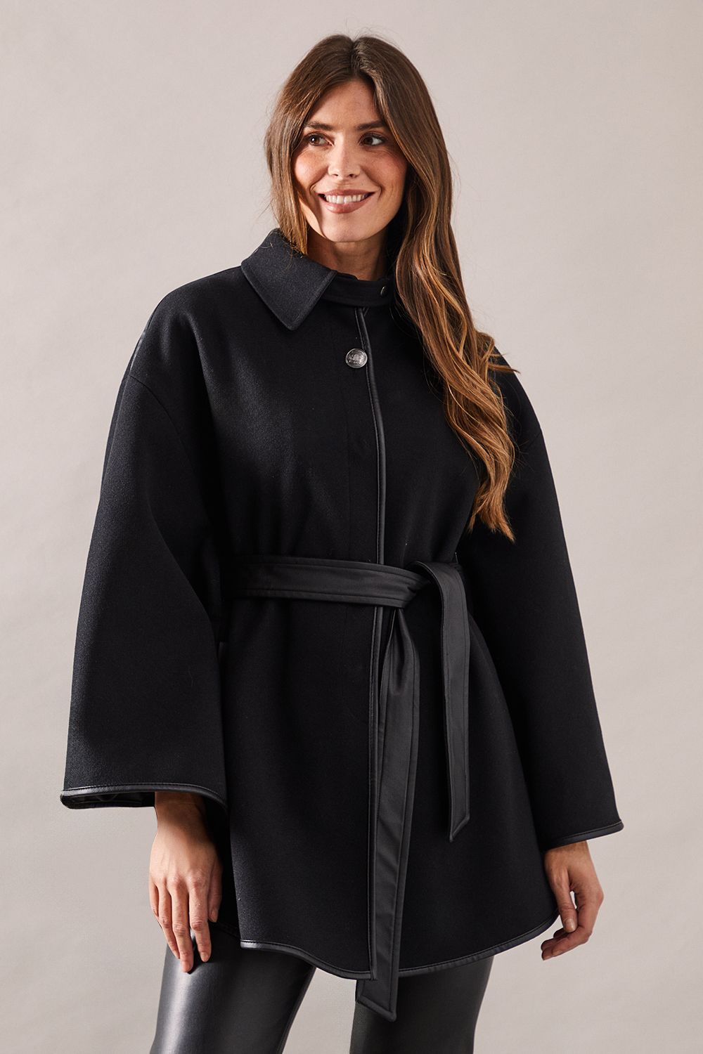 Wallis Womens Wool Mix Belted Cape - Black - Size 16 UK | Wallis Sale | Discount Designer Brands