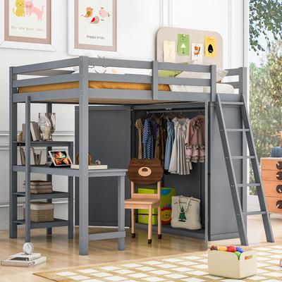 Full Size Storage Loft Bed with Wardrobe, Wooden Bed with Desk, Kid's Bed with Ladder and Guardrail for Bedroom, Gray