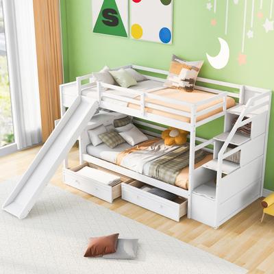 Twin over Twin Bunk Bed with Storage Staircase, Slide, and Desk, White