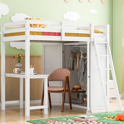 Twin Size Storage Loft Bed with Wardrobe, Wooden Bed with Desk, Kid's Bed with Ladder and Guardrail for Bedroom, White