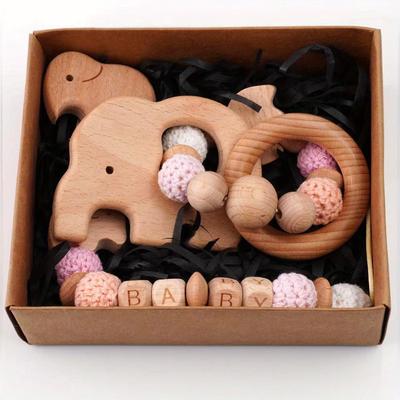 TEMU Natural Wooden Teething Toy, 27pcs Set For 0-6 Month Infants: Rattle, Ring & Car Seat Toy - Ideal Newborn Soothing Gift (pink)