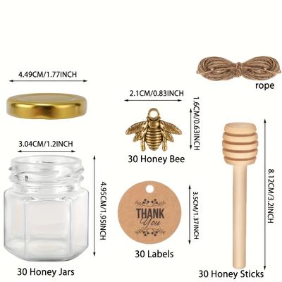 TEMU 30pcs Jars, Elegant Glass Honey Containers, Multipurpose, Reusable, Round Shape, With , Golden Lid, Bee Pendant & Jute, For Baby Shower Favors, Party Gifts