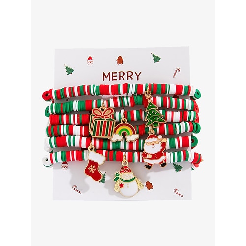set di braccialetti con perline con ciondoli natalizi – braccialetti sovrapposti rossi, verdi e bianchi con ciondoli a forma di Babbo Natale, albero e regalo – perfetti per la moda e i regali delle feste
