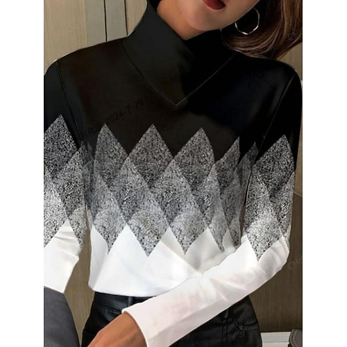 Frauen Tunika T-Shirt Alltag Bischofsleve Langarm Reguläre Oberteile Urlaub Ausgehen Schwarz Weiß Dunkelgrau Herbst Winter Image