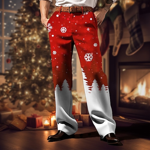 Weihnachtshose für Herren mit Weihnachtsszenen-Aufdruck, Schneeflocke, Business-Casual-Hose mit 3D-Aufdruck, Outdoor-Straßenkleidung für die Arbeit, hässliche Polyesterhose in Weingelb und Blau, S, Image