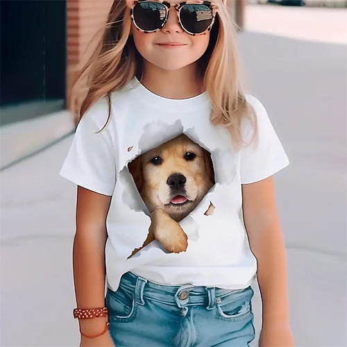 100% Baumwolle kinderkleidung Mädchen Weiß Graphic Tier Hund T-Shirt Rundhalsausschnitt Kurzarm Outdoor Täglich Urlaub Klassisch Brautkleider schlicht Bedruckt Sommer Image