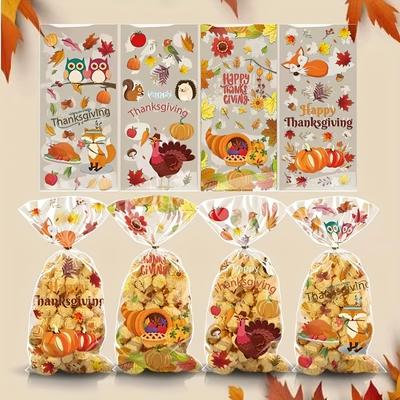 TEMU 50-pack Thanksgiving Gift Bags With Self-adhesive Seal - Cartoon Themed Plastic Bags Featuring Squirrel & Pumpkin - Ideal For , Candies, And Bakery Goodies