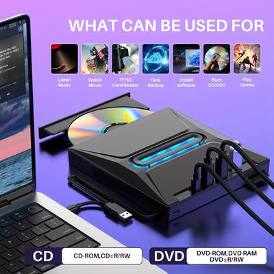 TEMU Plug And Play Portable Usb 3.0/ Usb-c Cd Dvd Drive, Typ C Portable Cd/ Dvd+/ -rw Drive/ Dvd Player With Sd Card Reader Cd Rom Burner Compatible With Laptop Desktop No Batteries Required