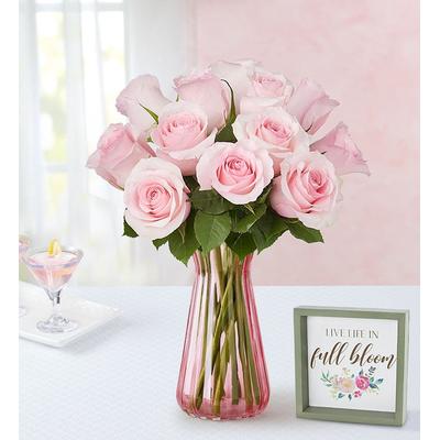 1-800-Flowers Flower Delivery Pink Petal Roses 12 Stems W/ Pink Vase & Sign