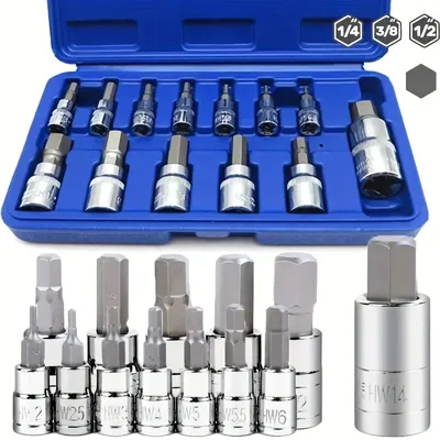 13PCS Metric H2-H14 Vanadium Steel Hexagon Socket Bit Kit, 1/4" 3/8" 1/2" Drive Tamper Proof Socket Set Car Repairt Tool