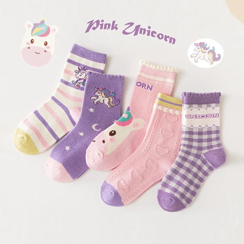 Kindersocken Frühling Baumwollsocken Mädchen Wadensocken Lila Einhorn Cartoon Socken Kinder Baby Herbst Winter Socken 5 Paar Image