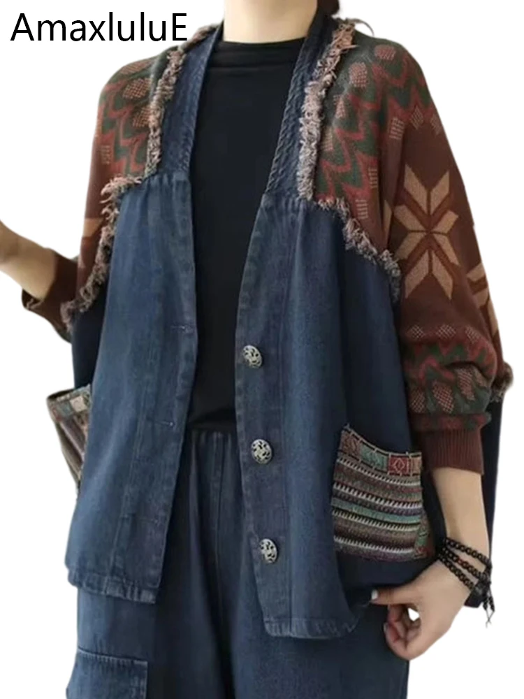 Amax luluE 2025, Herbst Damenmode, lockere gestrickte Patchwork-Jeansjacken, Damen, bedruckt, Vintage-Freizeitmäntel, Punk-Streetwear Image