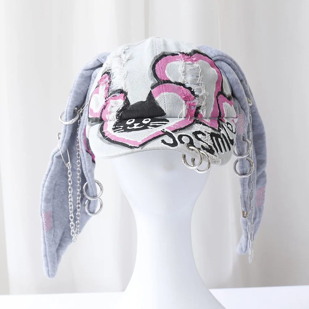 2024 y2k neue heiße Mädchen Jeans lange Hasen ohren Cowboy Baseball Hut waschen Graffiti Hip Hop Mütze Frauen Männer Party Team Baseball mütze Image