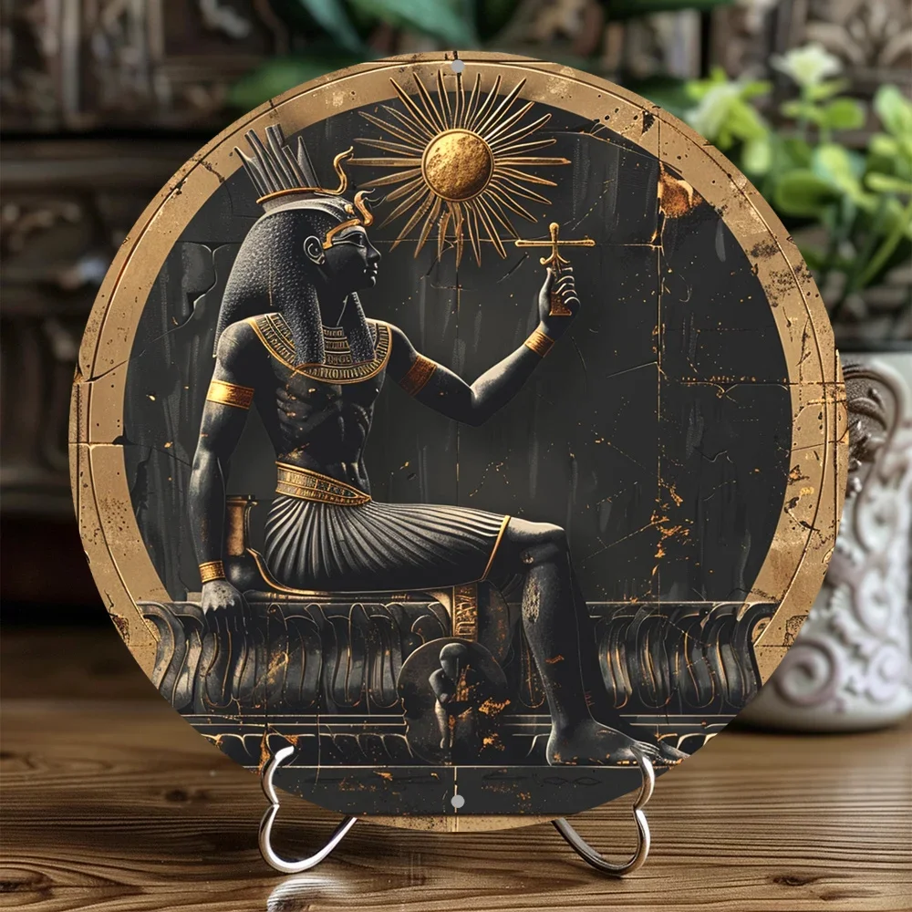 Rundes flaches Aluminiumschild, ägyptische Pharao-Figuren-Thema, perfekt für Bürozimmer, Haustür-Dekoration, abstrakt gestaltet, 2D Image