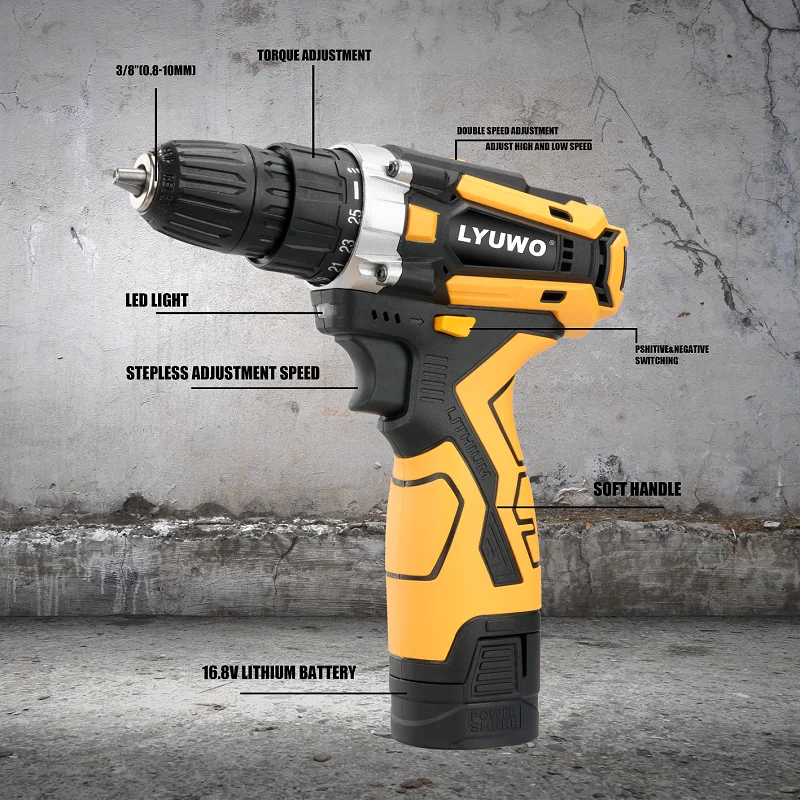 LYUWO 12/16,8/21 V Akku-Bohrschrauber, wiederaufladbarer Elektroschrauber, Lithium-Batterie, Haushalts-Multifunktions-2-Gang-Elektrowerkzeuge Image