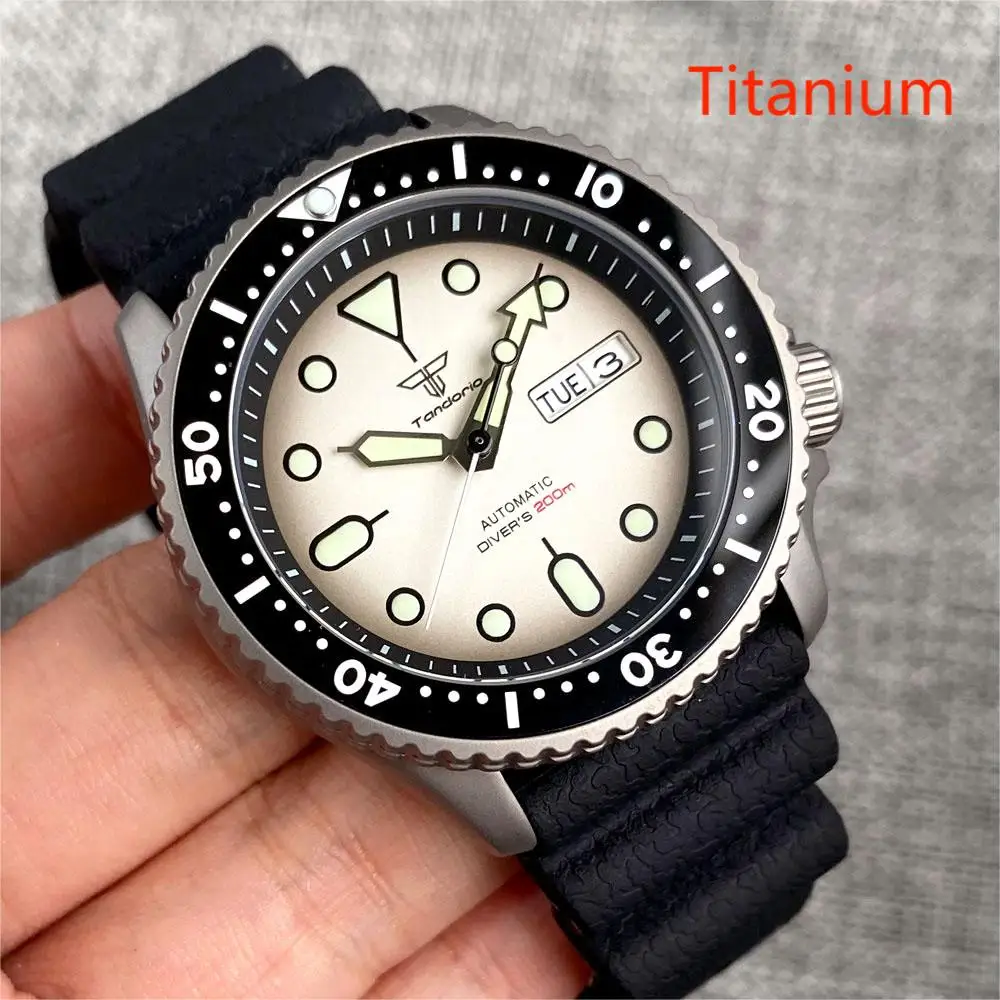 Tandorio 41mm Taucher Titan Gehäuse Uhr Männer Saphirglas nh36 Datum Woche automatische 20atm wasserdichte Gummiband grün leuchtend Image