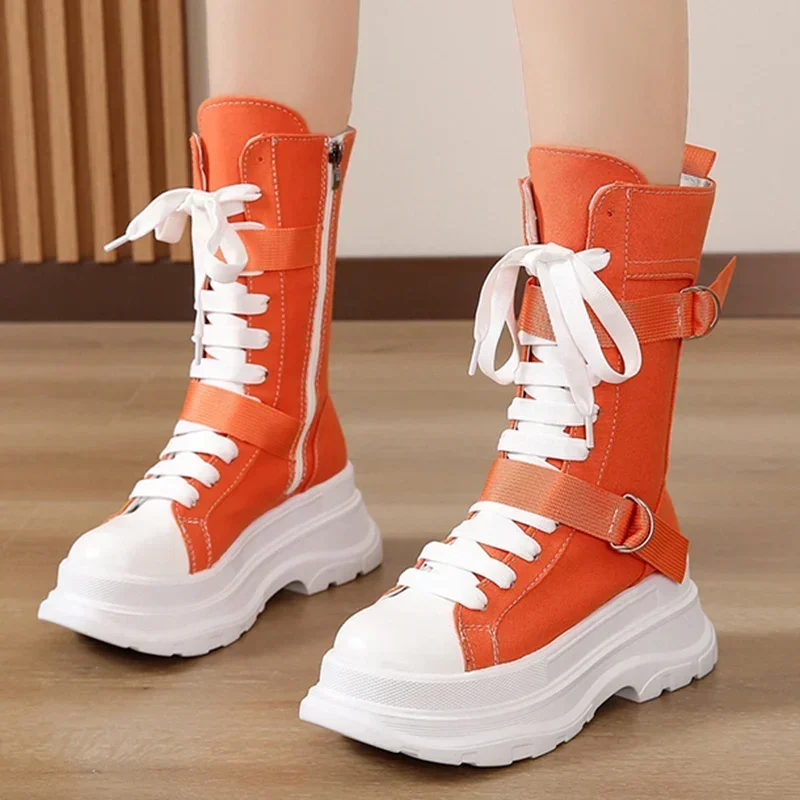Chunky Plattform Orange Leinwand Schuhe Frauen 2025, Herbst Dicken Boden Lace Up Ankle Stiefel Marke Design Y2K Frau Motorrad stiefel