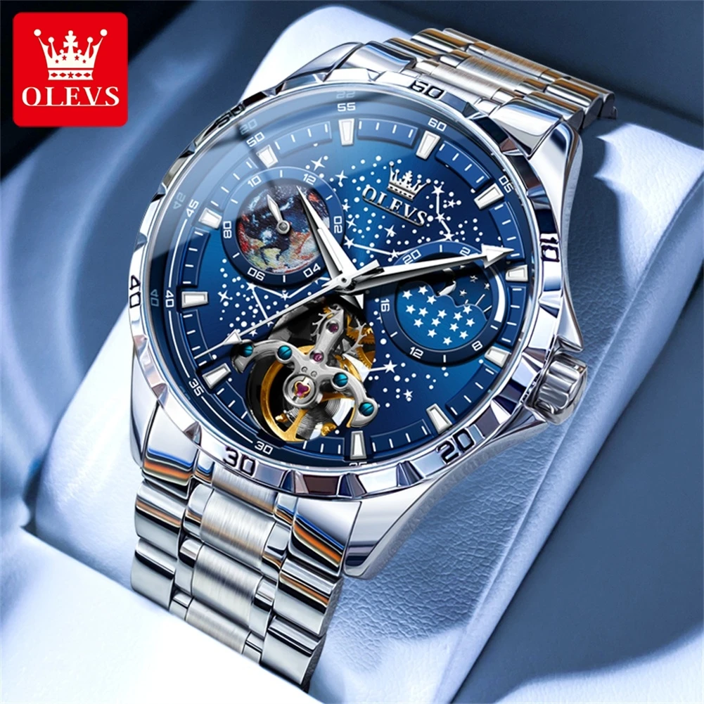 Olevs 6689 Top-Marke Skelett Herren automatische mechanische Uhr klassische multifunktion ale Sternen himmel Mond mode Herren uhr Image
