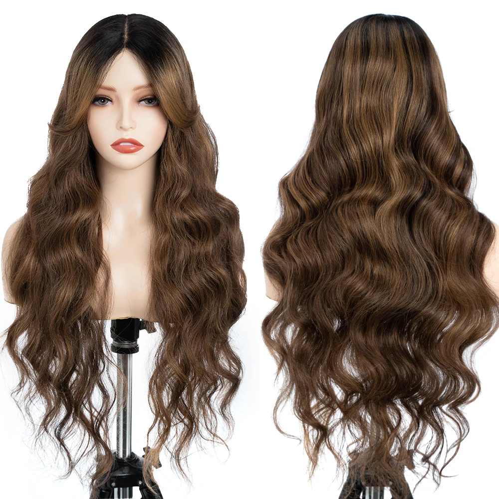 Synthetische Spitzeperücken, Wasserwelle, 28 Zoll, braune kastanienbraune Perücke mit Pony, Spitzenperücke, Ombre-Braun, Cosplay-Perücken für Frauen, Spitzenfront-Perücke Image