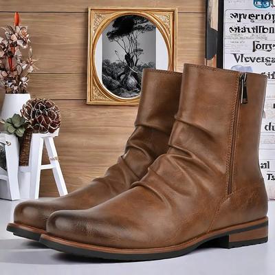 Men's Brown Faux Leather Ankle Boots with Side Zipper and Wrinkled Design – Stylish Casual Boots for Fall and Winter