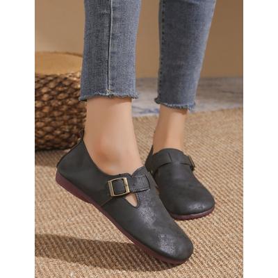 Women's Vintage Brown Barefoot Slip-On Loafers with Buckle Strap and Distressed Faux Leather Finish, Perfect for Casual Wear
