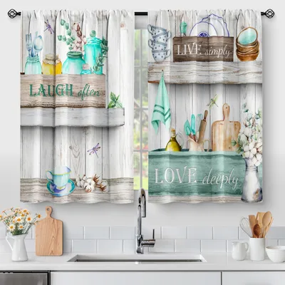 2 Panels Teal Wood Kitchen Curtains, Rustic Wooden Country Farmhouse Small Short Cafe Tier Curtains