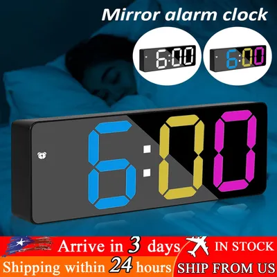 Digital Alarm Clock LED Display Electronic Clocks Mirror Clock with Snooze Date Temperature Voice